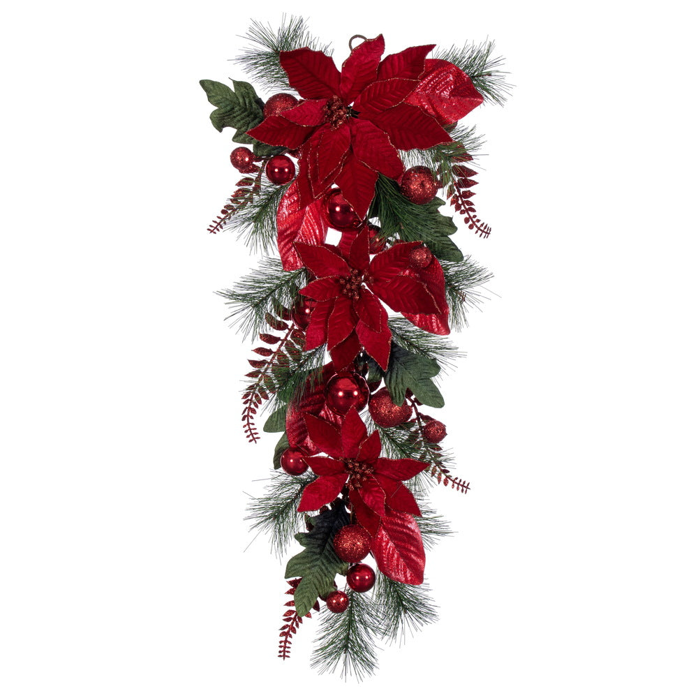 Vickerman 32" Merry Red Poinsettia Ball and Fern Decorated Teardrop.