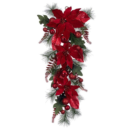 Vickerman 32" Merry Red Poinsettia Ball and Fern Decorated Teardrop.