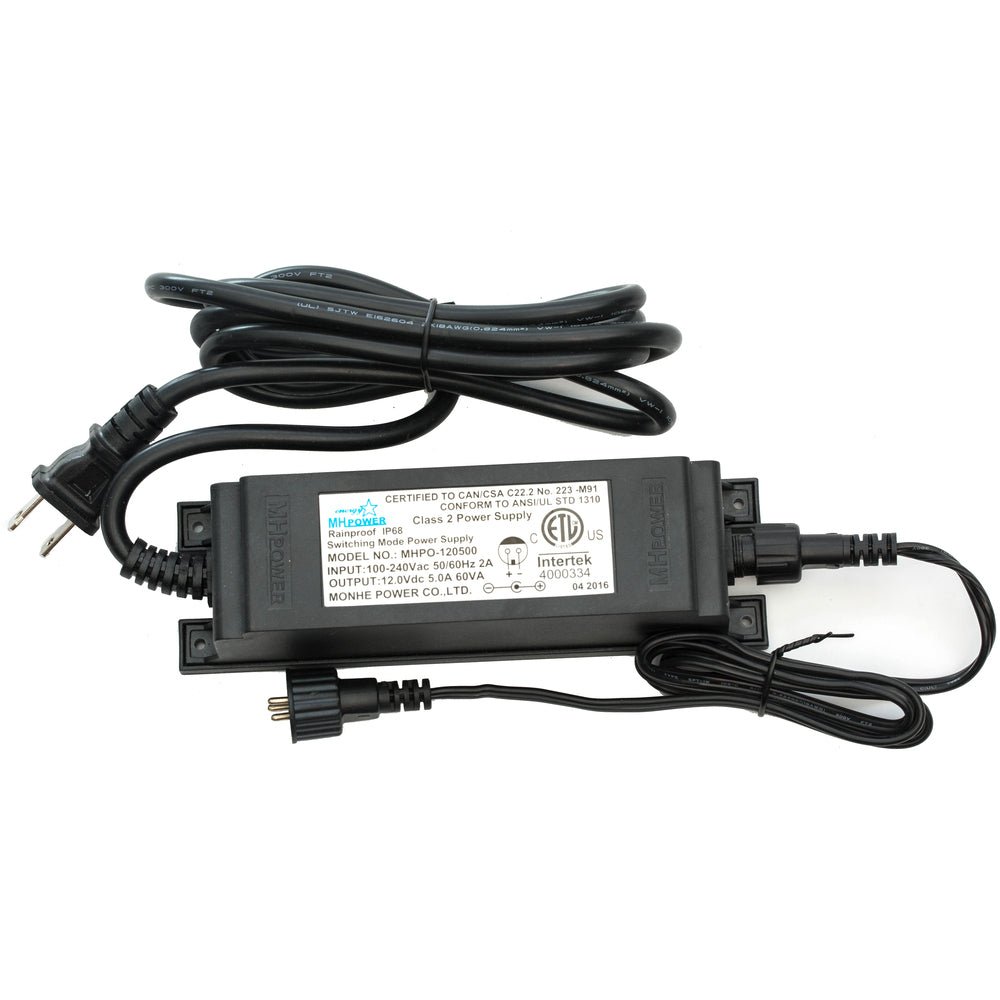 Vickerman 5 Amp Transformer Comes with a 12V DC Power Supply. Up to 100 RGB Bulb capacity.