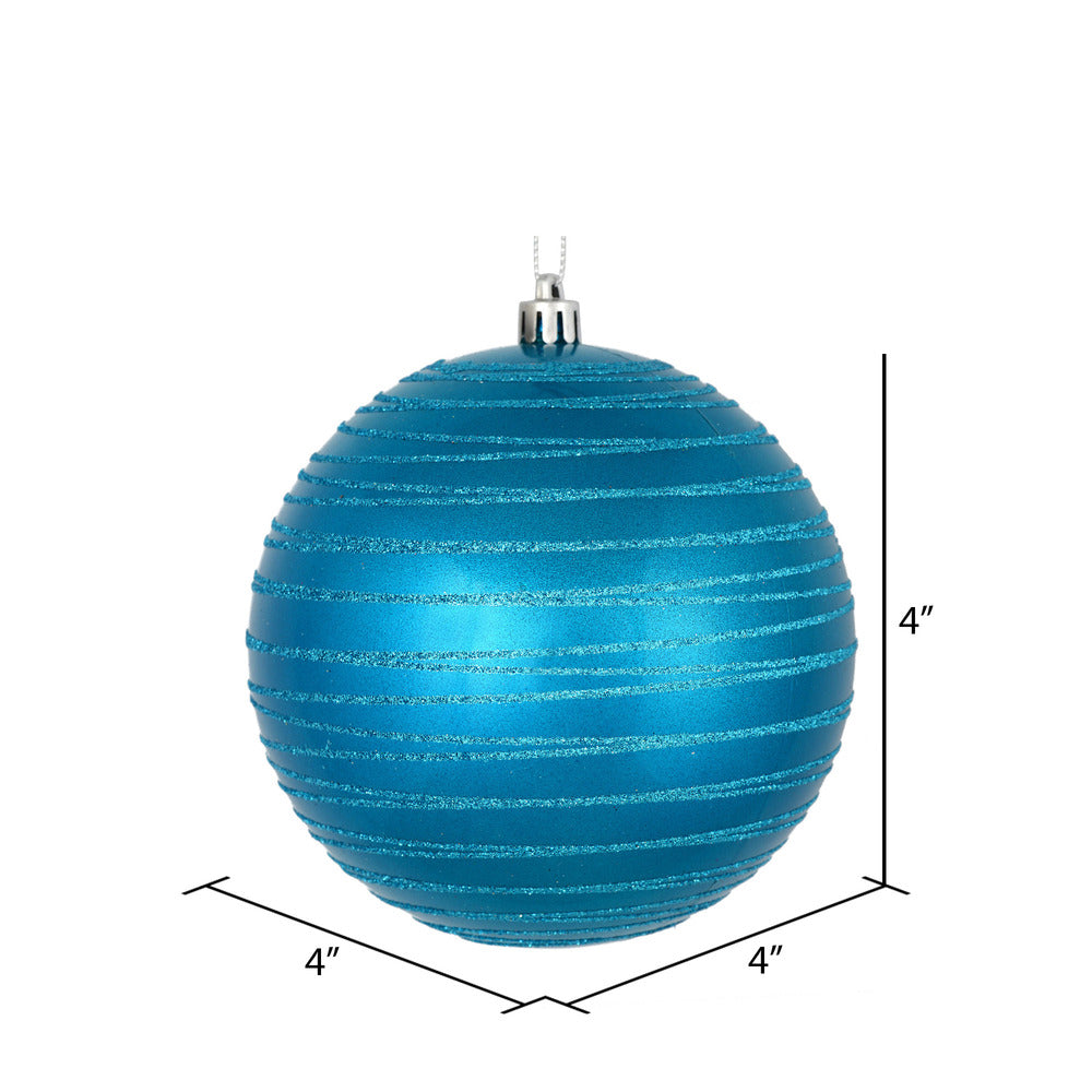 Vickerman 4" Turquoise Candy Finish Ball Ornament with Glitter Lines 4 per Bag