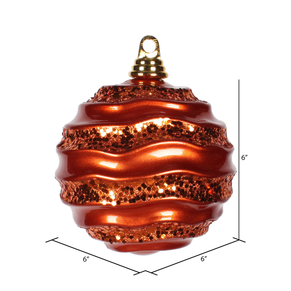 Vickerman 6" Orange Stripe Candy Finish Wave Ball Christmas Ornament with Glitter Accents