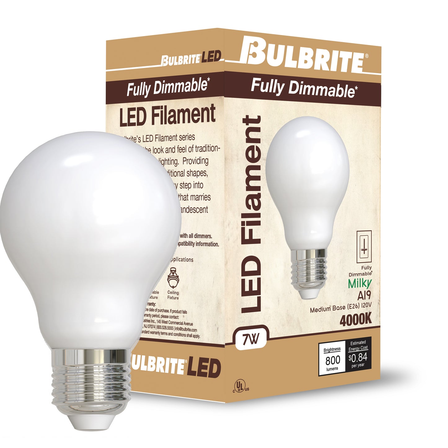 Bulbrite 7W LED LIGHT BULB A19 4000K FILAMENT MILKY FINISH, E26 MEDIUM SCREW BASE, DIMMABLE, 4PK