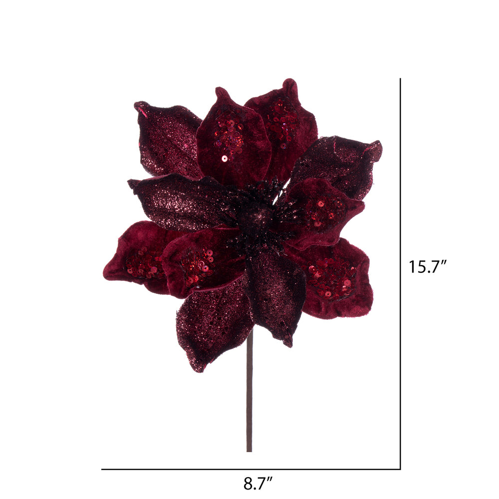 Vickerman 15" Artificial Burgundy Deluxe Magnolia Christmas Stem 8" Flower 6 per bag