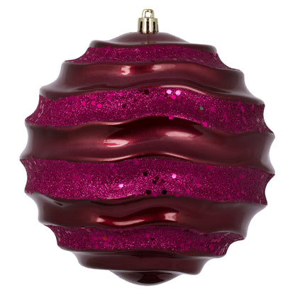 Vickerman 6" Berry Red Stripe Candy Finish Wave Ball Christmas Ornament with Glitter Accents