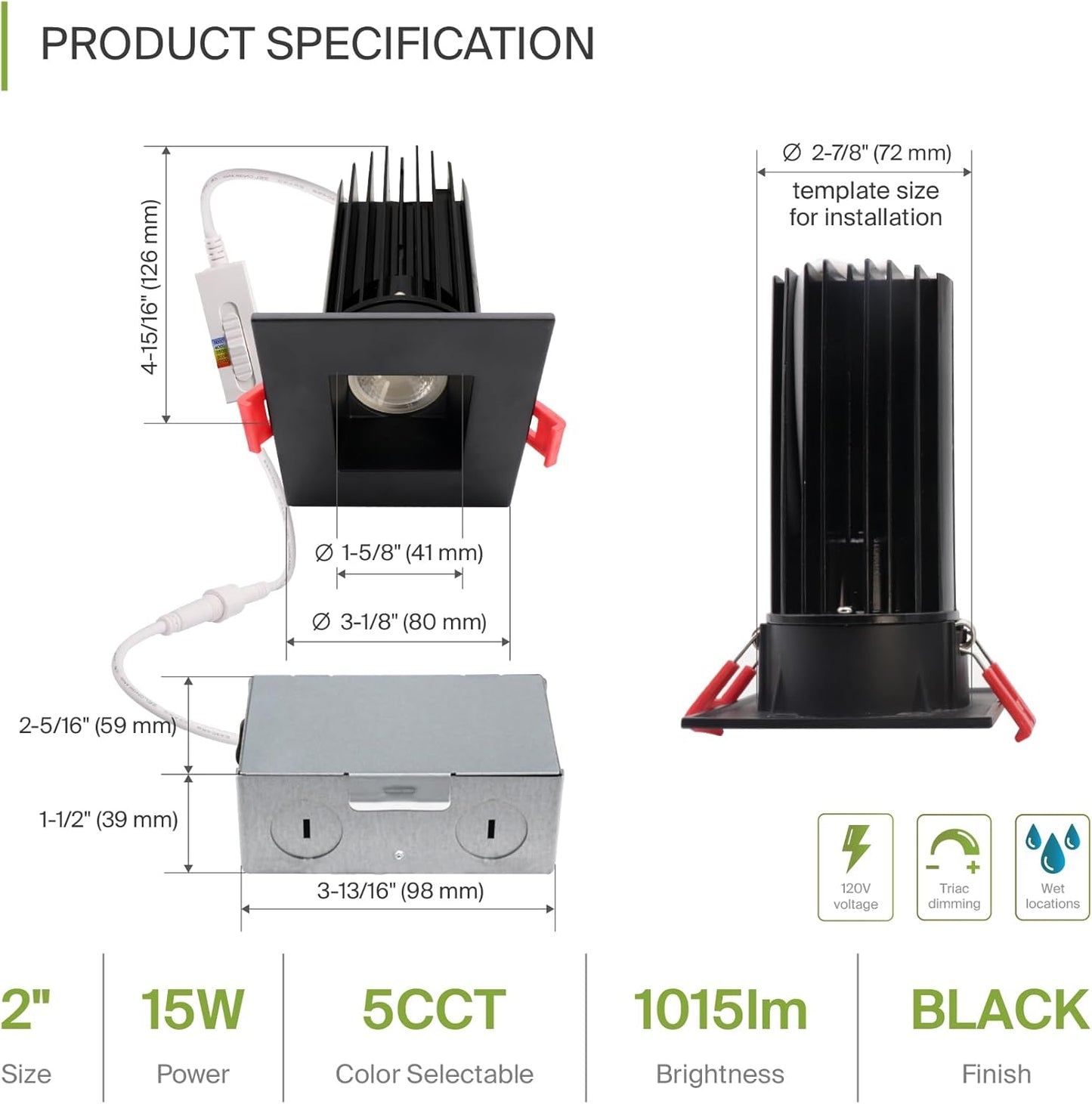 ASD Lighting LED Downlight Square 2inch 15W 120V Triac 2700/3000/3500/4000/5000K Black ETL Energy Star