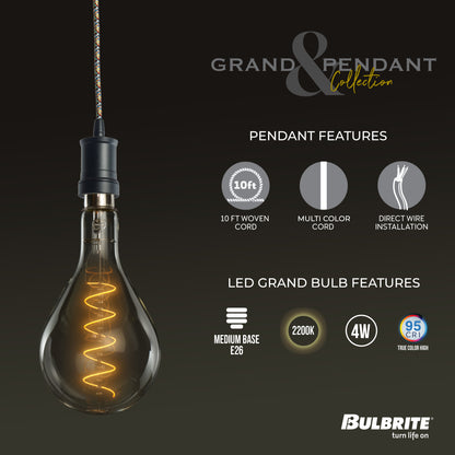 Bulbrite LED Grand Bulb and Pendant Kit of (1) 4 Watt Clear Glass 13" Pear Shaped Bulb and (1) Black Open Socket Pendant on Multicolor Fabric Braided Cord - 2200K (Amber Light)