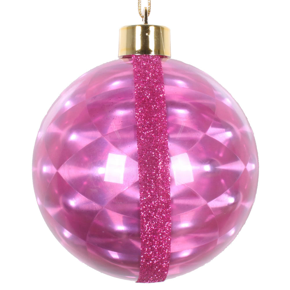 Vickerman 4" Cerise Glitter Reflector Ornament 4/Bag. These ornaments feature a reflective effect with a glitter stripe accent. They are the perfect addition to any holiday decorating project. Includes 4 pieces per pack.