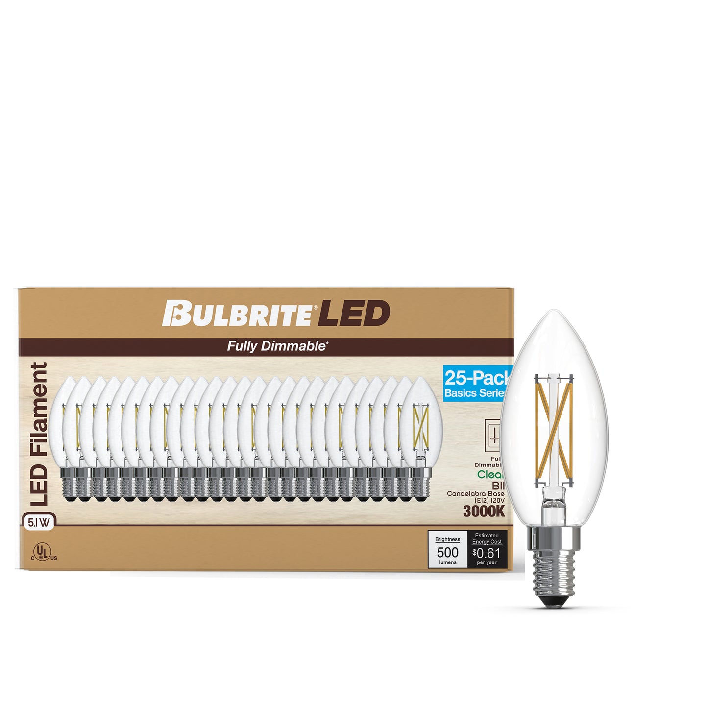 Bulbrite 776238 LED Filament Pack of 25, 5.1 Watt Dimmable B11 Light Bulb with Clear Finish and Candelabra Screw E12 Base - 3000K(Soft White Light), 500 lumens