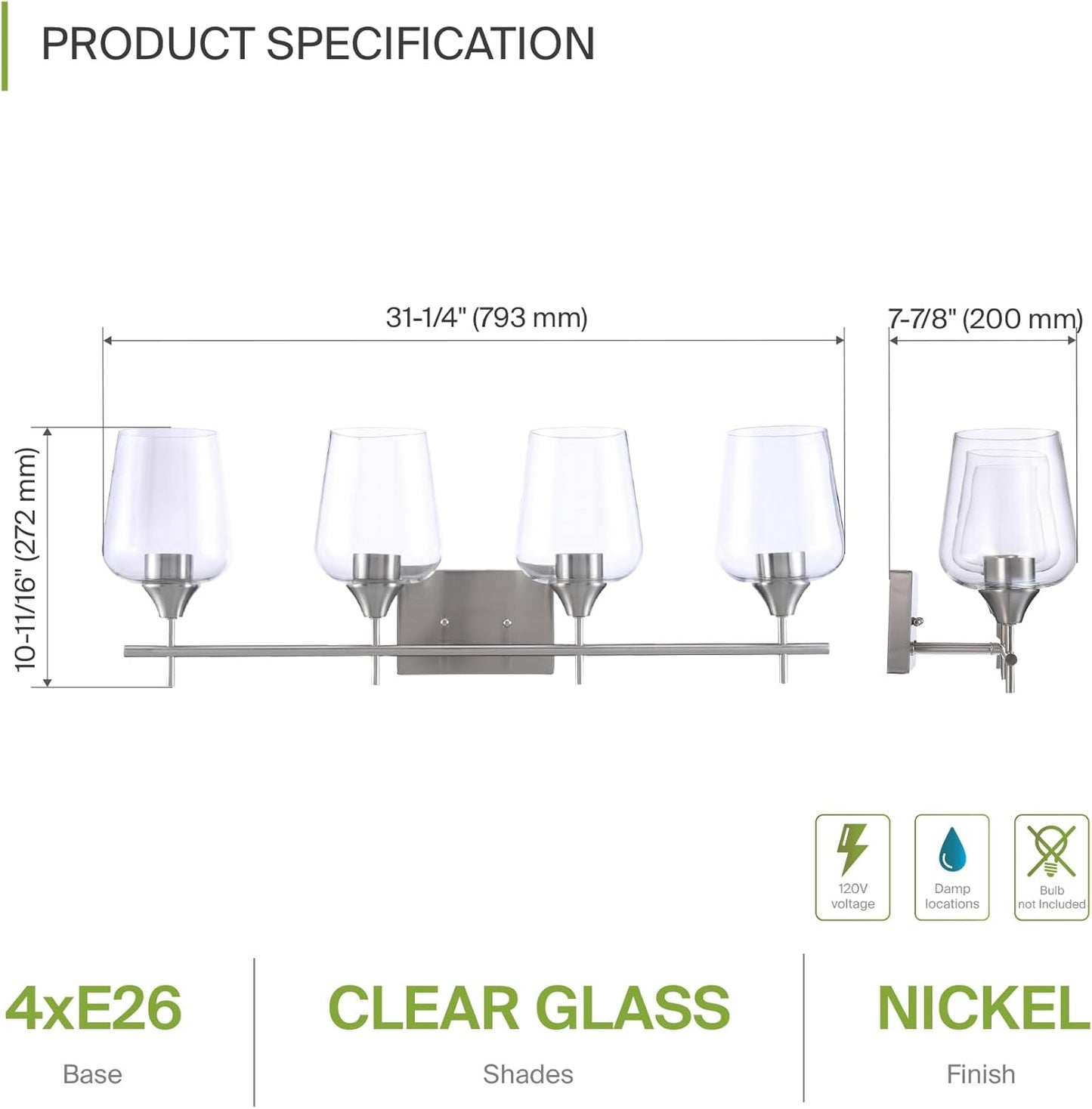 ASD Lighting 4-light Vanity Light 4xE26 60W 120V Clear Glass, Nickel ETL