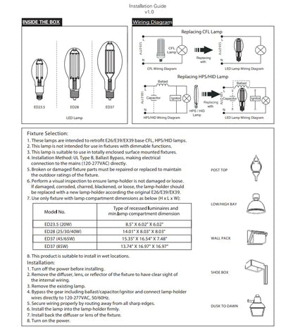 Damar- ED28 LED Filament Light Bulb Ballast Bypass Type B EX39 Mogul Base 40W 7500 High Lumen 5000K Bright White 120-277VAC Pack of 6- Edison Replacement MHL/CFL/Corn Bulb for Workshop Warehouse