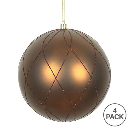 Vickerman 4" Mocha Matte and Glitter Swirl Ball Ornament 4 per Box