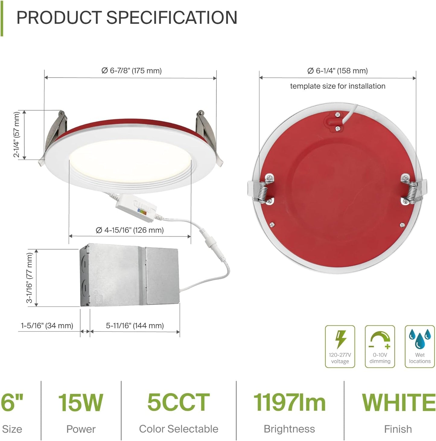 ASD Lighting LED Recessed Mini Panel Fire Rated Round 6inch 15W 120-277V 0-10V Dimmable 2700/3000/3500/4000/5000K with Baffle Trim White ETL Energy Star