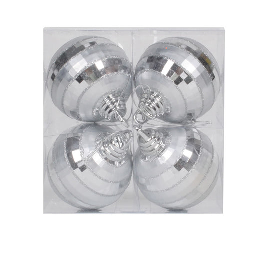 Vickerman 4" Silver Shiny and Matte Mirror Ball Christmas Ornament with Glitter Accents 4 per Box