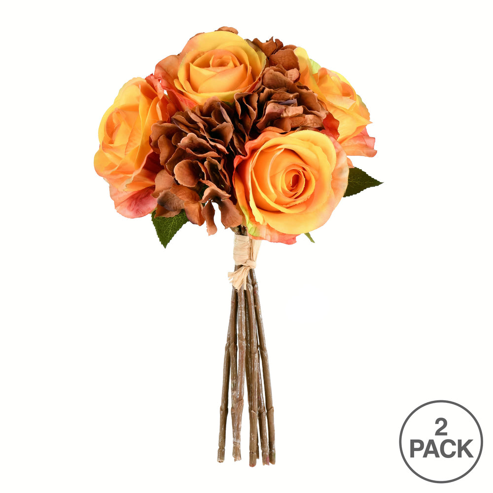 Vickerman 13" Artificial Tan Rose and Hydrangea Bouquet Pack of 2