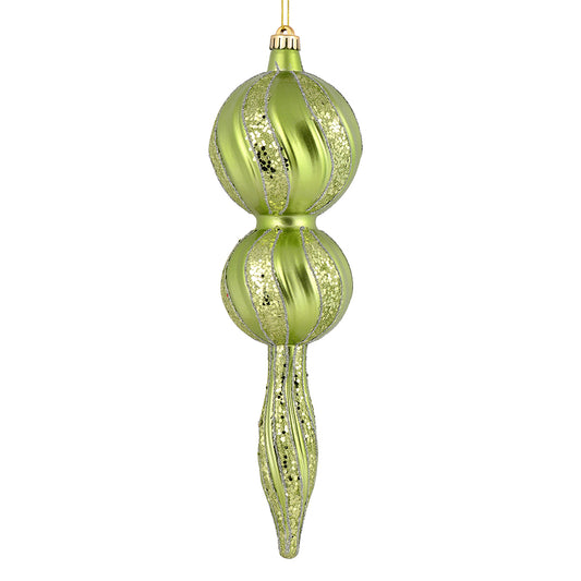 Vickerman 16.5" Celadon Candy Glitter Finial. Create a beautiful holiday arrangement with this large Candy finial that features glitter accents. Made with shatterproof plastic. Ornament has a drilled cap secured with green floral wire.