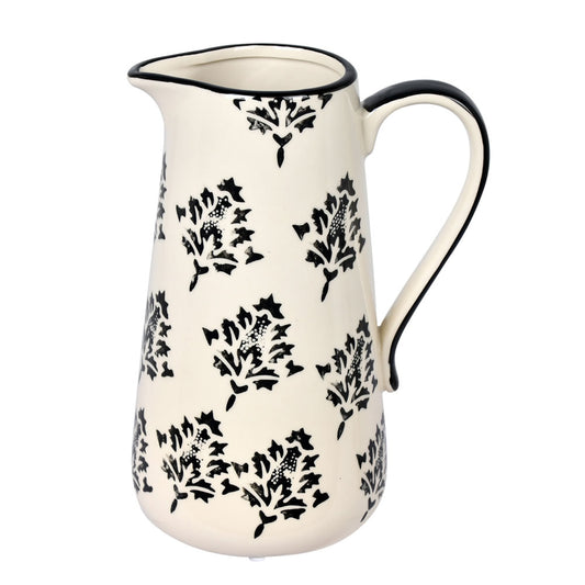 Vickerman 8.5" White/Black Leaf Print Ceramic Jar. Let this pot stand on its own or pair with a faux floral for a finished look. It measures 8.5 inches tall by 6.5 inches wide.   100% CERAMIC