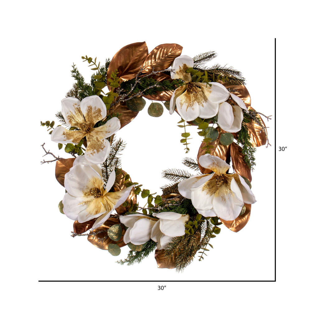 Vickerman 30" White Artificial Magnolia Wreath.