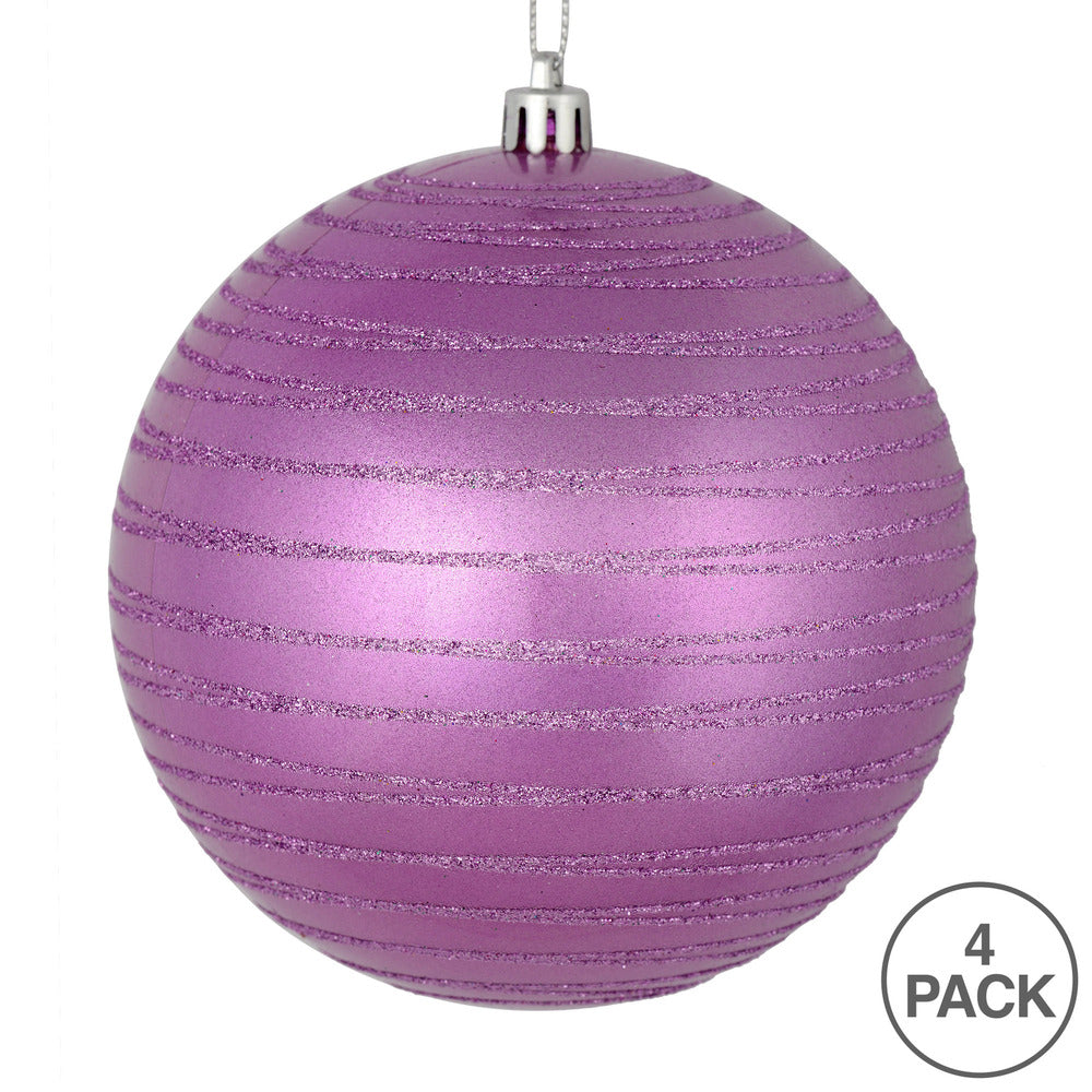 Vickerman 4.75" Orchid Candy Finish Ball Ornament with Glitter Lines 4 per Bag