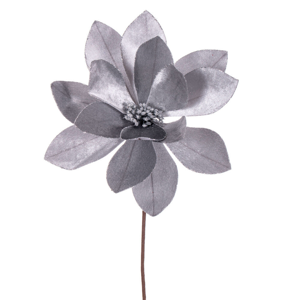 Vickerman 22" Silver Velvet Sheen Glitter Trim Poinsettia Stem 4 per bag.