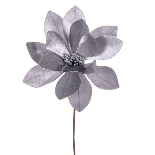 Vickerman 22" Silver Velvet Sheen Glitter Trim Poinsettia Stem 4 per bag.