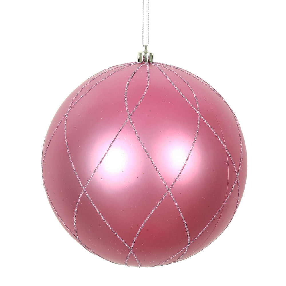 Vickerman 6" Mauve Matte and Glitter Swirl Ball Ornament with drilled and wired caps. Comes 3 per Box.