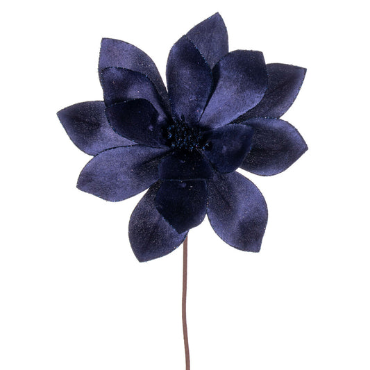 Vickerman 22" Midnight Blue Velvet Sheen Glitter Trim Poinsettia Stem 4 per bag.