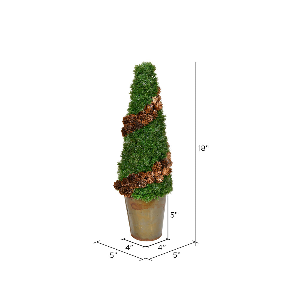 Vickerman 18" Artificial Cone Shape Cedar Tree in Rustic Tin Pot.