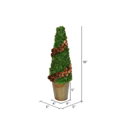 Vickerman 18" Artificial Cone Shape Cedar Tree in Rustic Tin Pot.