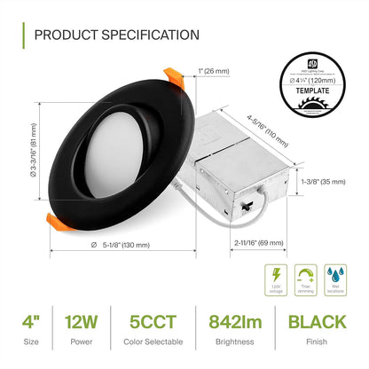 ASD Lighting LED Round Recessed Mini Panel Gimbal Airtight 4" 12W 120V Dimmable CCT Selectable 2700/3000/3500/4000/5000K Black UL 6pack