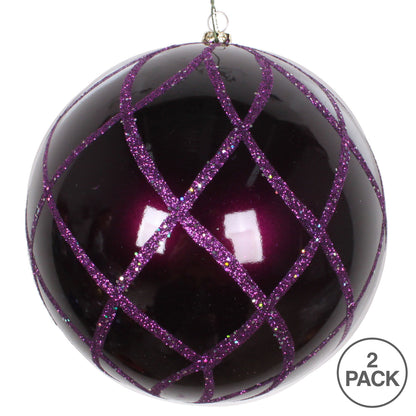Vickerman 6" Plum Candy Finish Net Ball Ornament with Glitter Accents 2 per Bag