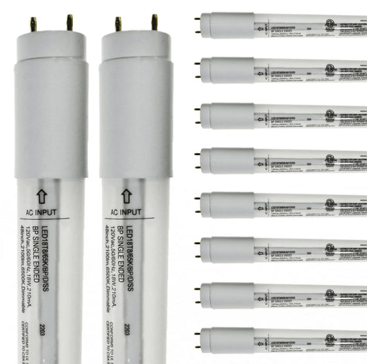 Damar- 4Ft T8 LED Tube Light Bulb Type B Single Ended Ballast Bypass Safety Shielded 18W 2100 Lumens 6500K Daylight Dimmable G13 Bi-Pin Base 120V ETL Listed Pack of 10- Fluorescent Replacement