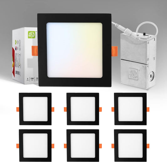 ASD Lighting LED Recessed Mini Panel Square 6inch 15W 120V Triac 2700/3000/3500/4000/5000K Black UL Energy Star 6 pack