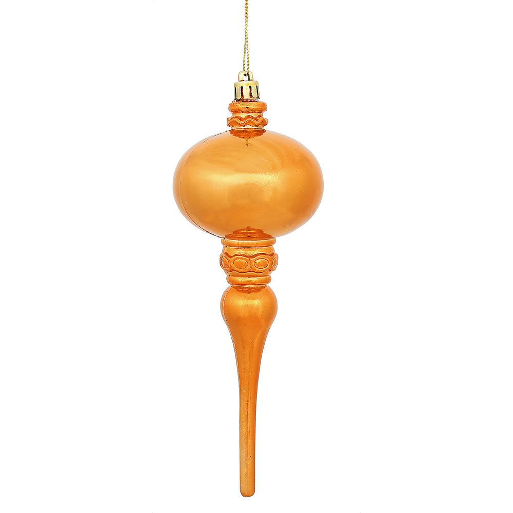 Vickerman 8" x 2.75" Burnished Orange Shiny Finial Ornament with drilled and wired caps. Comes 3 per Bag.