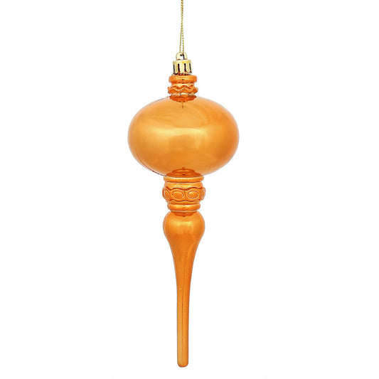 Vickerman 8" x 2.75" Burnished Orange Shiny Finial Ornament with drilled and wired caps. Comes 3 per Bag.