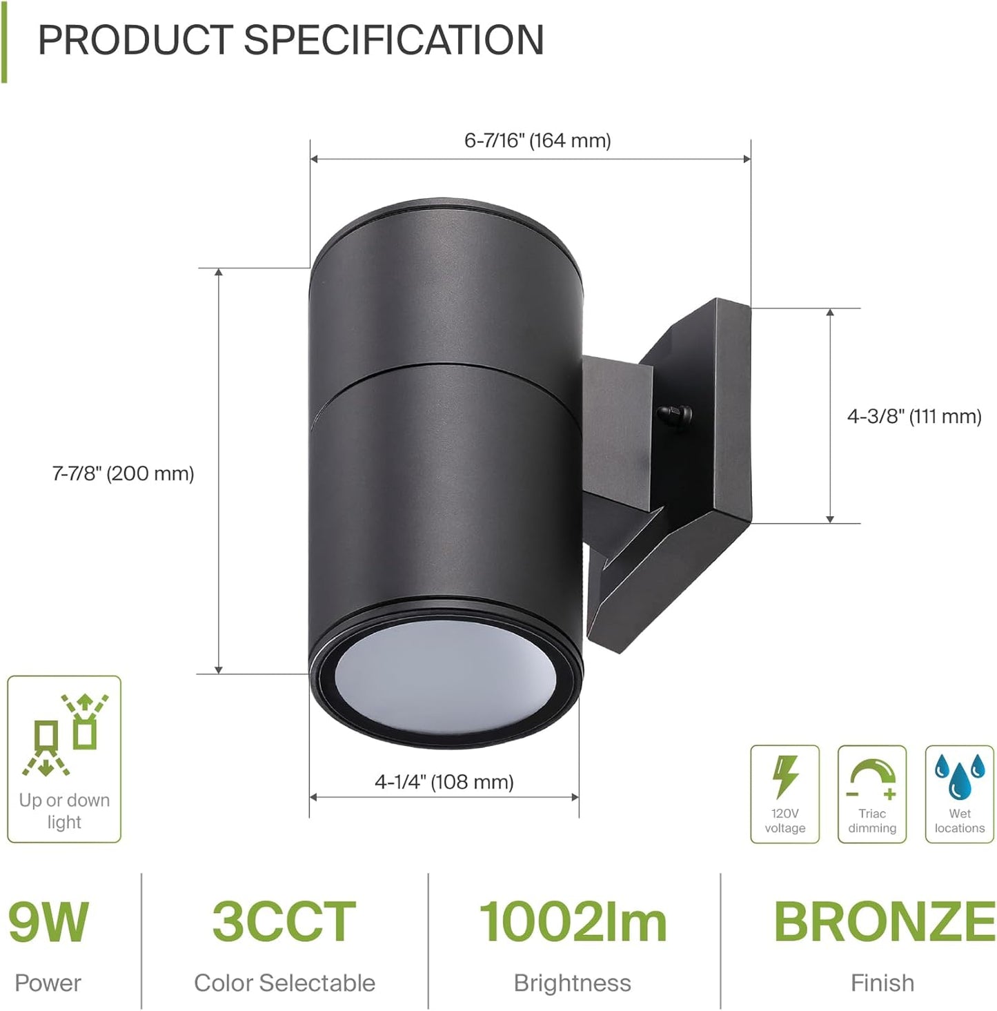 ASD Lighting LED Outdoor Wall Cylinder Round Up or Down 9W 120V Triac 3000/4000/5000K Black ETL