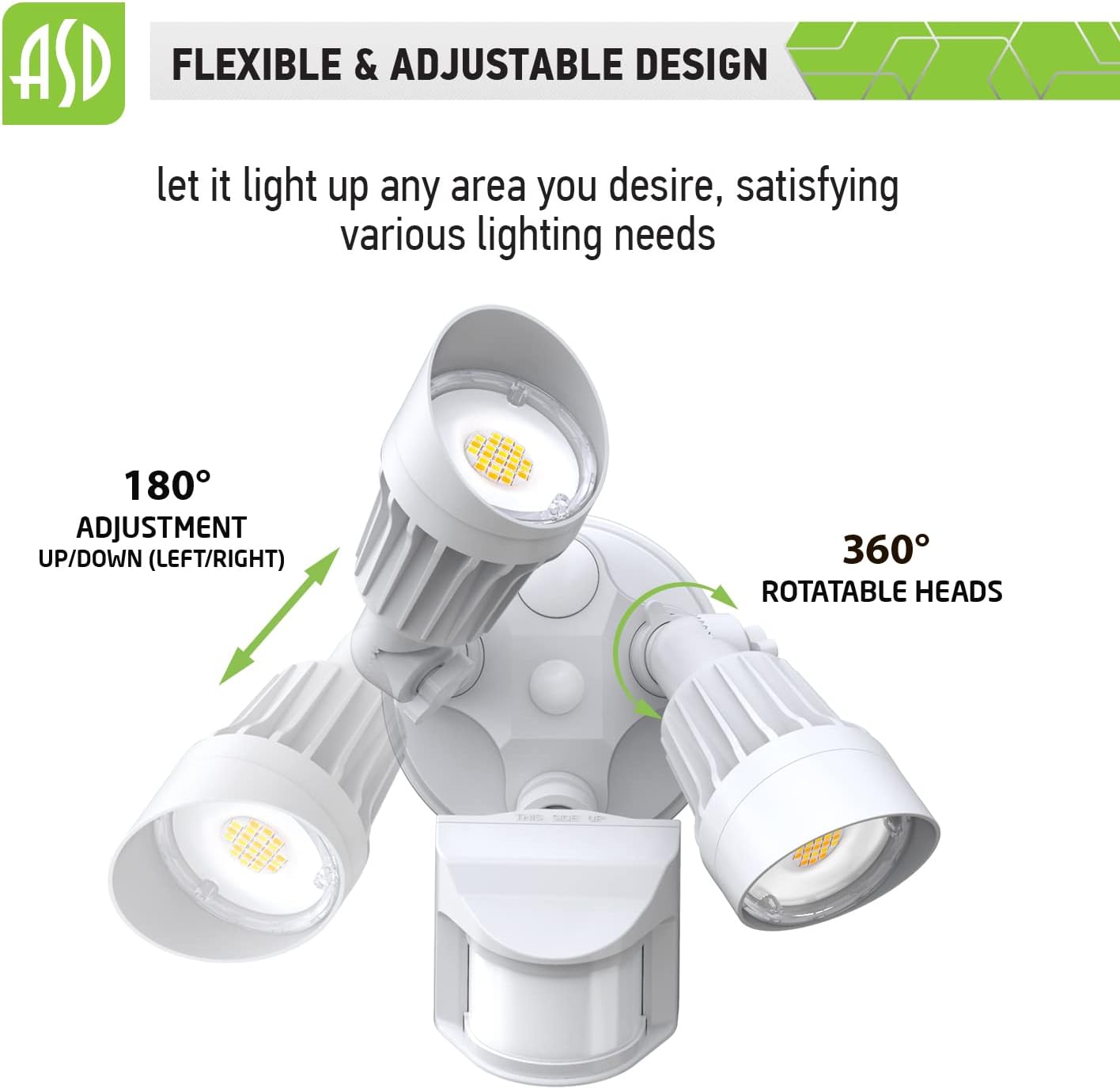 ASD Lighting LED Security Floodlight DOB 2 round heads 25W CCT Selectable 3000/4000/5000K with 180° Motion Sensor and Photocell White ETL
