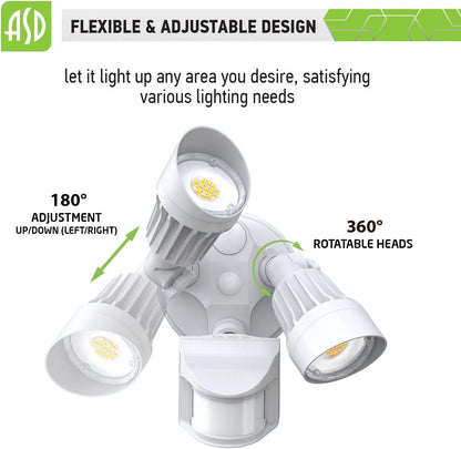 ASD Lighting LED Security Floodlight DOB 2 round heads 25W CCT Selectable 3000/4000/5000K with 180° Motion Sensor and Photocell White ETL