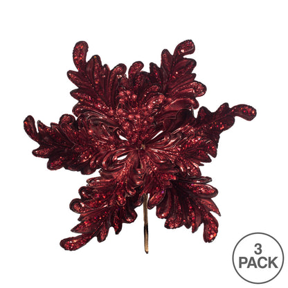 Vickerman 17" Burgundy Pearl Glitter Poinsettia Artificial Christmas Stem 3 per Bag
