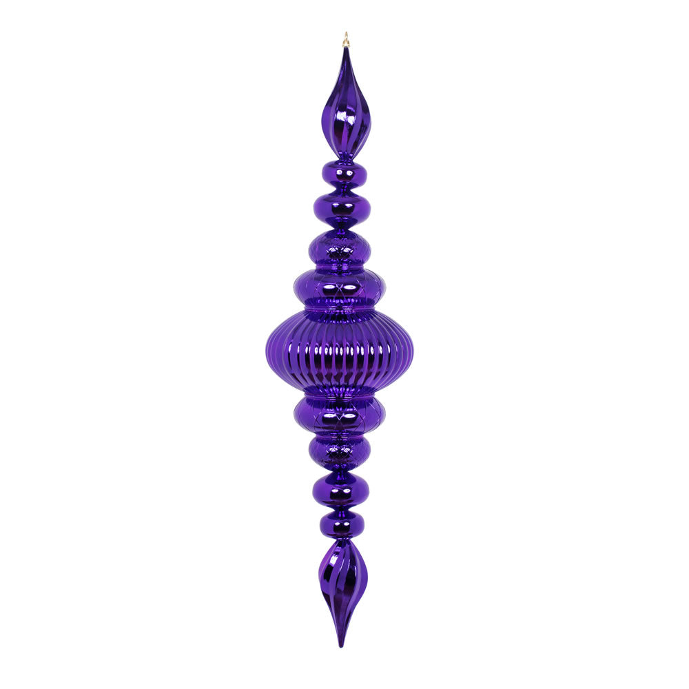 Vickerman 41" Plum Shiny Finial. This large ornament is an eye catching addition to any holiday decorating project. It features a metal hook for hanging. Made with shatterproof plastic.