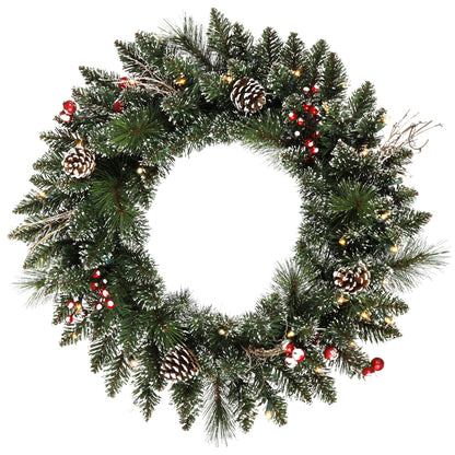 Vickerman 24" Snow Tipped Pine and Berry Artificial Christmas Wreath Clear Dura-lit Incandescent Mini Lights