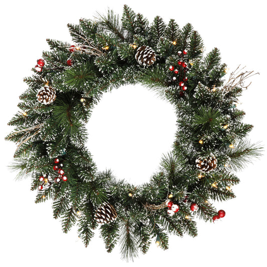 Vickerman 24" Snow Tipped Pine and Berry Artificial Christmas Wreath Clear Dura-lit Incandescent Mini Lights