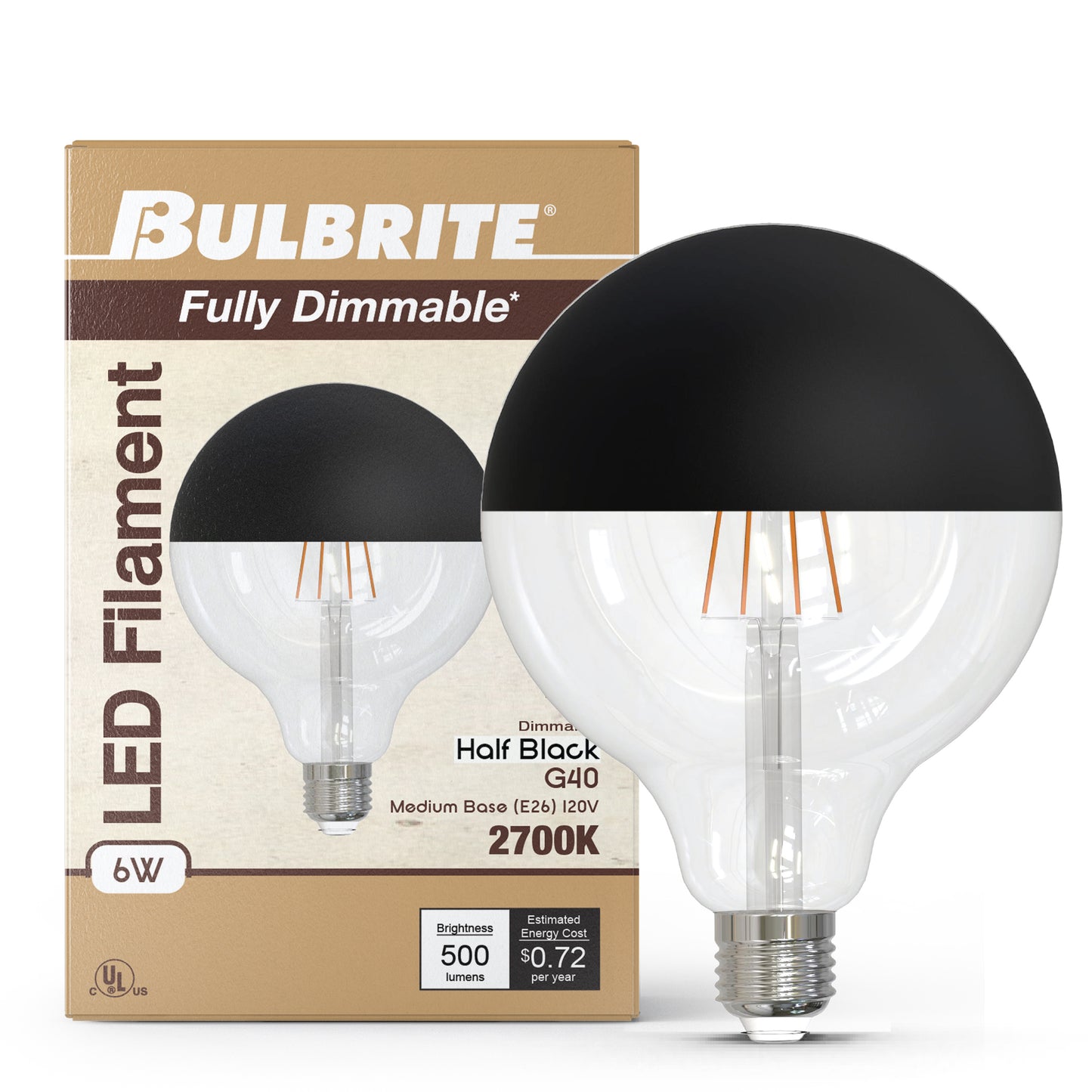 Bulbrite 776836 6W LED G25 2700K FILAMENT HALF BLACK FULLY COMPATIBLE DIMMING