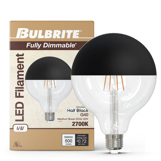 Bulbrite 776836 6W LED G25 2700K FILAMENT HALF BLACK FULLY COMPATIBLE DIMMING