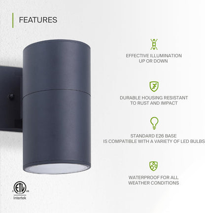 ASD Lighting BULB Round Outdoor Wall Cylinder, Up Or Downlight Fixture, 120V, 6.44Wide, 50°, 60W Max, Black Finish, 2 Pack