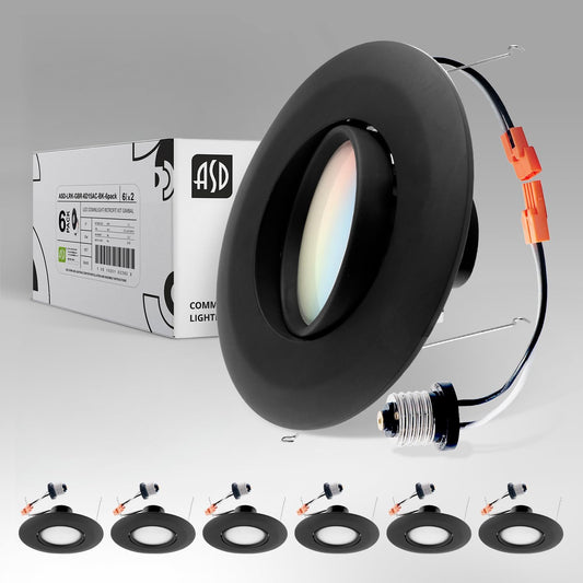 ASD Lighting LED Downlight Retrofit Kit Gimbal 4" 10W 120V CCT Selectable 2700/3000/3500/4000/5000K Dimmable Black UL 6pack