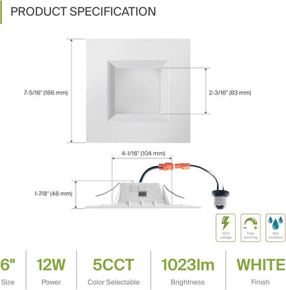 ASD Lighting LED Square Downlight Retrofit Kit 6" 12W 120V CCT Selectable 2700/3000/3500/4000/5000K Dimmable PC, Baffle Trim, White UL 6pack
