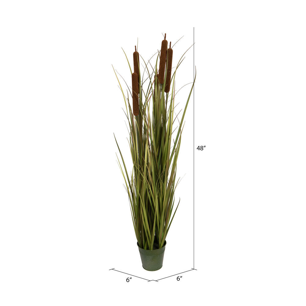 Vickerman 48" Artificial Potted Grass with Brown Cattails.