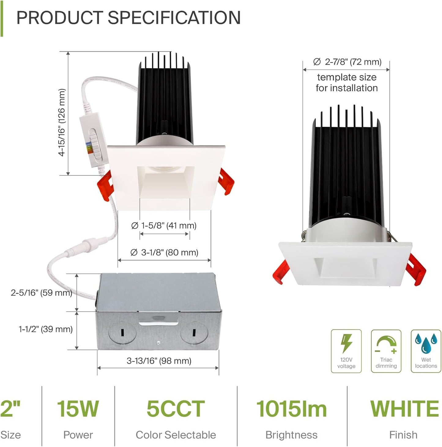 ASD Lighting LED Downlight Square 2inch 15W 120V Triac 2700/3000/3500/4000/5000K White ETL Energy Star
