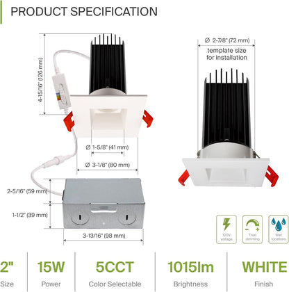 ASD Lighting LED Downlight Square 2inch 15W 120V Triac 2700/3000/3500/4000/5000K White ETL Energy Star