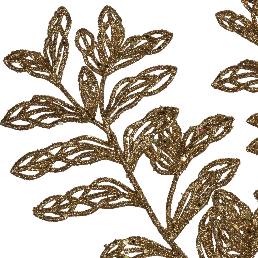 Vickerman 22" Gold Bipinnate Glitter Leaf Artificial Christmas Spray. Includes 12 sprays per pack.